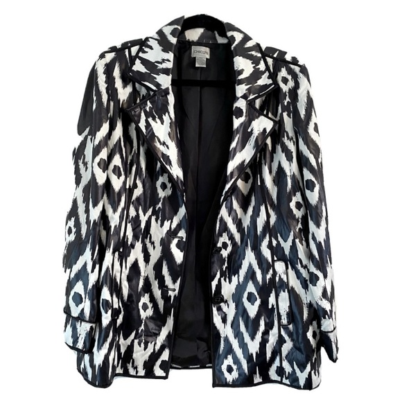 Chico's Black & White Ikat Print Blazer Single Breasted Pockets Chico’s Size 1. - Picture 1 of 10